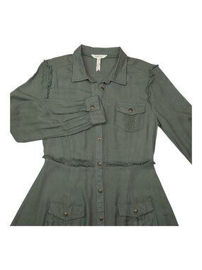 Matilda Jane Womens Green Long Sleeve Button-Up Midi Dress With Pockets Ruffle